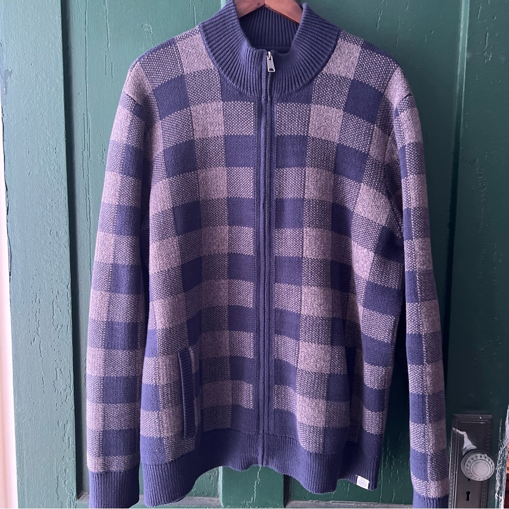 Lucky Brand Size XX Large Blue & Grey Checked Heavyweight Zippered Cardigan EUC